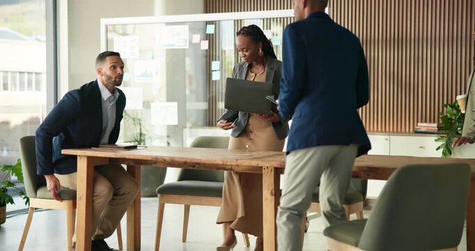 Tech, start or staff with committee meeting in creative agency, review agenda or planning company schedule. Begin, discussion or people with laptop with monthly goal setting, tablet or collaboration