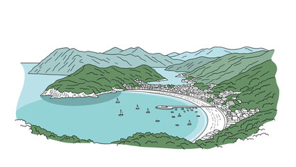 Fototapeta premium Charming coastal village nestled in a bay with sailboats and lush green mountains