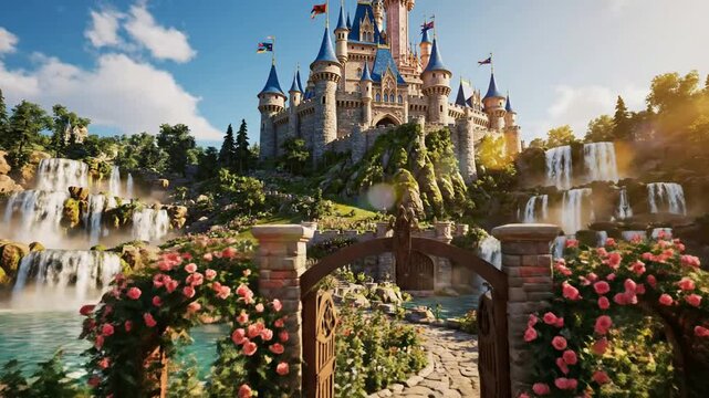 Majestic Fairytale Castle Ascends Behind Cascading Waterfalls and Vibrant Flower Gardens