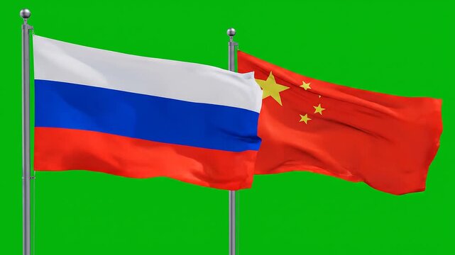 Russia and China flags side by side, green background, symbolic diplomatic connection, cultural identity, unity and international relations atmosphere&hellip;

