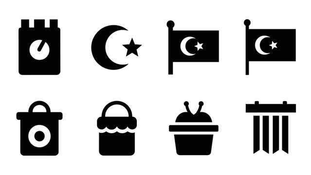 Collection of eight black icons representing various objects and symbols on a white background