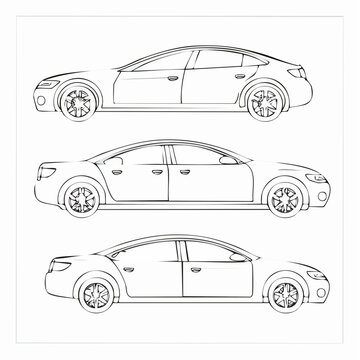 Outline sedan car vector drawing in different point of view