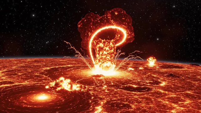 A cinematic solar flare and massive plasma eruptions bursting from the surface of a turbulent, molten sun.
