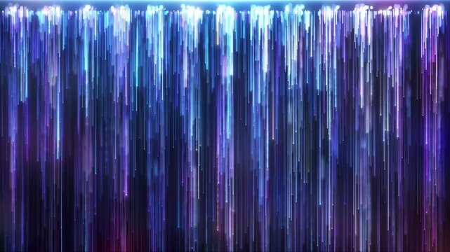 Blue particle lines waterfall, purple particle lines cascade down like a waterfall, with blue-purple particle rays continuously growing and falling, elegant and beautiful particles background video.