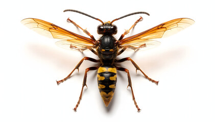 Fototapeta premium A detailed high-angle studio shot of a vibrant yellow and black wasp with translucent amber wings, perfectly isolated on a clean white background, showcasing its intricate anatomy