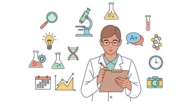 Female Scientist Holding Clipboard Surrounded by Lab Equipment.