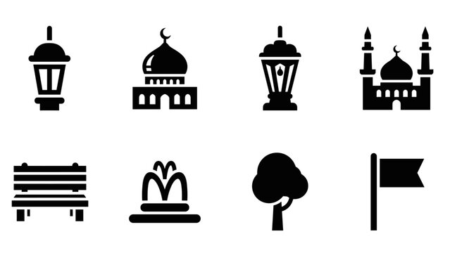 Collection of Islamic and park icons including mosque, lantern, bench, fountain, tree, and flag