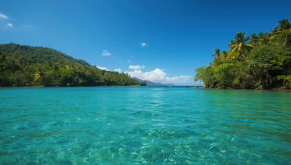 Obraz premium Turquoise bay tropical beach with lush green shoreline and clear shallow water