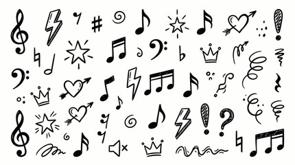 Hand-Drawn Music and Symbol Doodles Vector &ndash; Black Ink Notes, Treble Clefs, Crowns, Stars, Hearts, and Scribbles for Creative Design and Artistic Projects