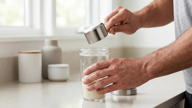 Man pouring protein powder into glass jar. Health and wellness concept. Preparation of a protein shake in the kitchen.