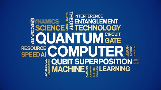 Quantum Computer animated word cloud-text design animation tag kinetic typography seamless loop.