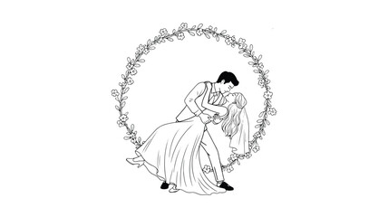 Obraz premium Couple Dancing in Floral Wreath with Elegant Line Art in Monochrome for Wedding Invitation