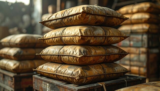 Durable FlyPro Firefly Ration packs, individually sealed in earth-toned pouches, neatly stacked in logistical containers for efficient distribution.