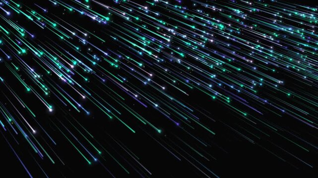 Abstract light strips and glowing lines of blue and green on a dark background, creating a starfall and movement effect.