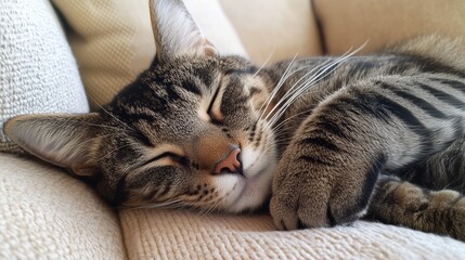 Relaxed Tabby Cat Lying on Sofa at Home in Soft Natural Light, Cozy Pet Lifestyle Concept