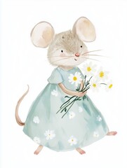 Cute Watercolor Mouse Illustration Holding Daisies in Pastel Dress, Gentle Nursery Art Style