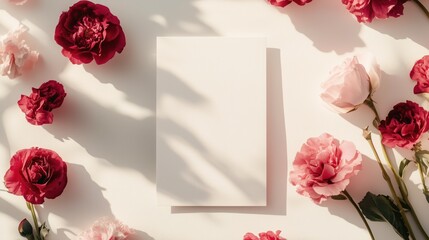 Feminine Greeting Card Mockup with Red and Pink Flowers on White Background, Soft Natural Light