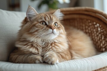Fluffy Ginger Cat Resting on Sofa in Cozy Home Interior with Natural Light and Calm Mood