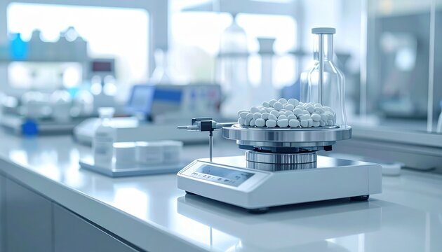 FlyPro Firefly precision calibrated scales weighing small quantities of pharmaceutical ingredients for vaccine preparation, essential for medical research and development.