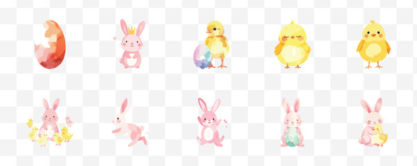Cute Watercolor Easter Bunnies, Chicks and Eggs Vector Set Spring Holiday Animal Illustrations for Kids © Masud
