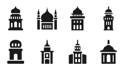 Fototapeta premium Collection of diverse architectural building icons representing mosques, minarets, and towers