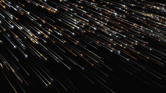 Abstract light stripes and glowing lines of white, orange, and gray on a dark background, creating a starfall and movement effect.