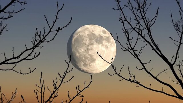 A full moon appears in a gradient sky, framed by silhouetted branches