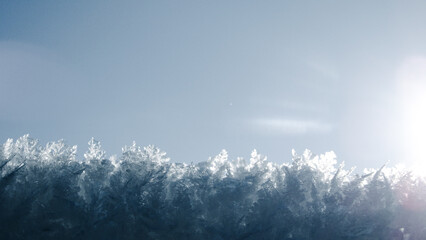 Macro shot of sparkling ice crystals and frost against a clear blue sky with bright morning sun lens flare