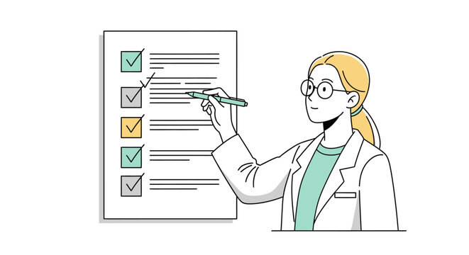 Female Scientist Reviewing Checklist on Clipboard.