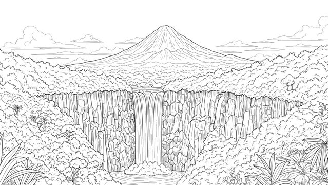 Majestic waterfall cascading down a cliff face with a volcano in the background