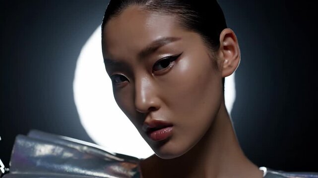 Futuristic Asian Woman in Silver Outfit with Dramatic Lighting.