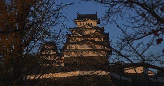 Bare trees partially covering view of glowing orange Matsumoto castle 