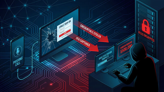 Internet attack scheme - Cybersecurity Attack Workflow Infographic: Phishing Call, 2FA Theft and Ransomware Extortion