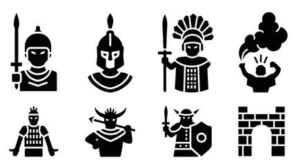Naklejka premium Collection of ancient warrior icons and historical battle symbols