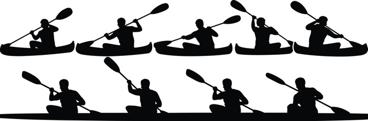 Kayaking silhouette set, canoe paddler action poses isolated on white background for water sport designKayaking silhouette set 