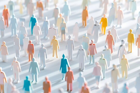 3D paper cut crowd illustration showing diverse population distribution and public health concept with long shadows, demographic analysis and community data visualization.