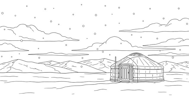 Hand-drawn illustration of a yurt in a snowy landscape with mountains and clouds