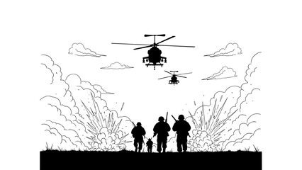 Silhouette of soldiers advancing through explosions with helicopters overhead in a war zone