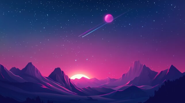 Cosmic Dawn over Mountain Range: A mesmerizing celestial scene unfolds as the sun sets over a rugged mountain range, painting the sky with hues of magenta and violet.