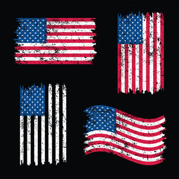 Distressed American Usa Flag On White Backround Bundle Design For T Shirt Poster Banner Backround Print Vector.Vector Vintage Grunge waving American flag.