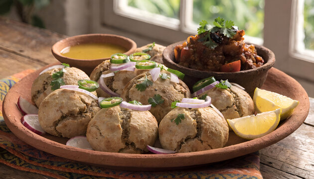 Authentic Bihari Litti Chokha &ndash; Traditional Indian Sattu Stuffed Wheat Balls with Roasted Eggplant Mash on Rustic Clay Plate