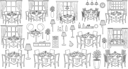Obraz premium Interior design line art collection featuring dining room sets furniture home decor windows and house plants for coloring book or architectural sketches