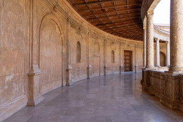 Fototapeta premium Circular patio of Palace of Charles V, renaissance building inside fortress Alhambra, Granada, Spain, Andalusia