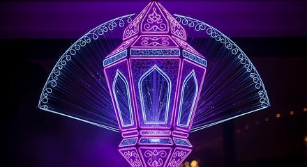 An ornate modern lantern illuminated with vibrant purple and blue lights, showcasing intricate festive patterns