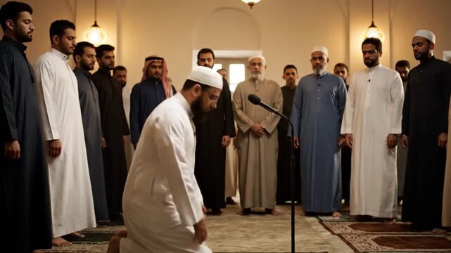 Men Performing Prayer in Mosque Gathering.