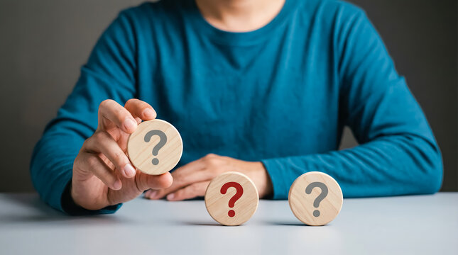Person holding wooden block with question mark, making a choice among three options representing doubt, confusion, or decision making process