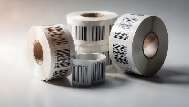 Close-up of numerous pristine white adhesive barcode label rolls, neatly stacked and arranged on a smooth, clean surface with soft light, ready for industrial use