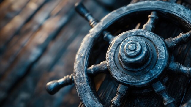 Steering Wheel on Deck: A weathered ship's wheel, a symbol of direction and control, rests on a rustic wooden deck, evoking tales of seafaring adventure and navigation.