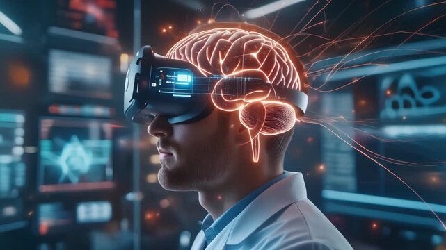 Person using advanced brain-computer interface headset. Neural signals visualized as glowing energy waves. Futuristic BCI technology, artificial intelligence and mind-machine connection.