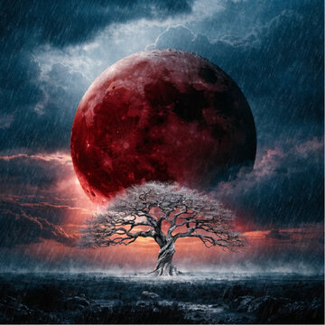 Crimson Blood Moon Above Lonely Tree Horizon